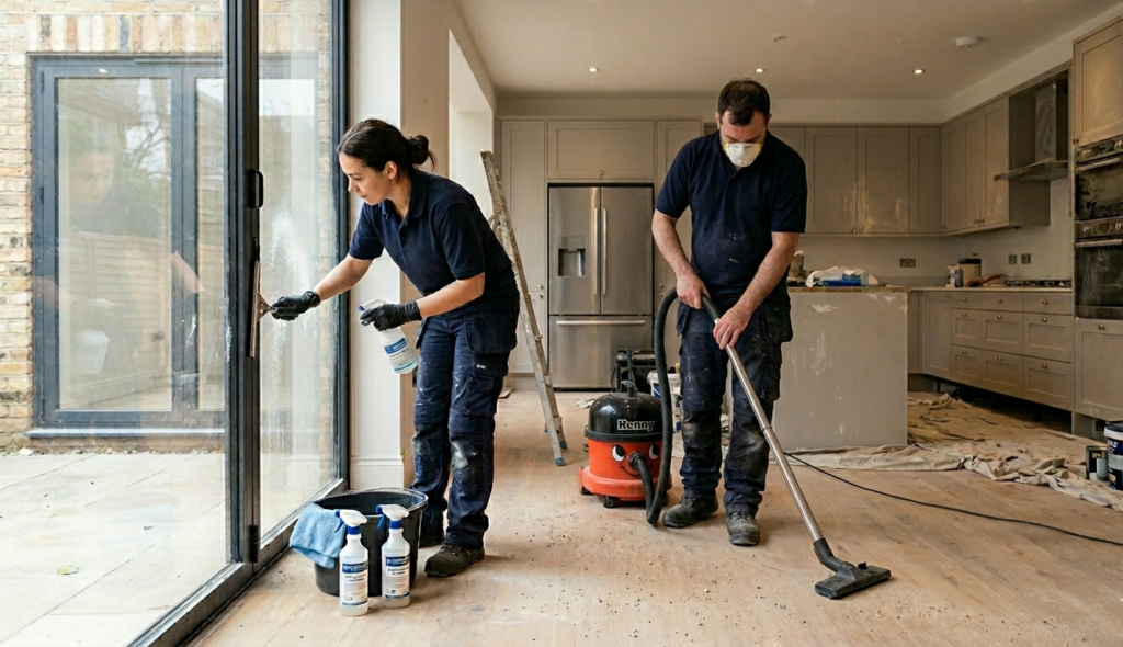 men and women cleaning after builders